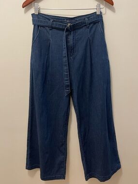 Soft Wide-Leg High Rise Jeans with Self-Tie Belt — Dark Blue